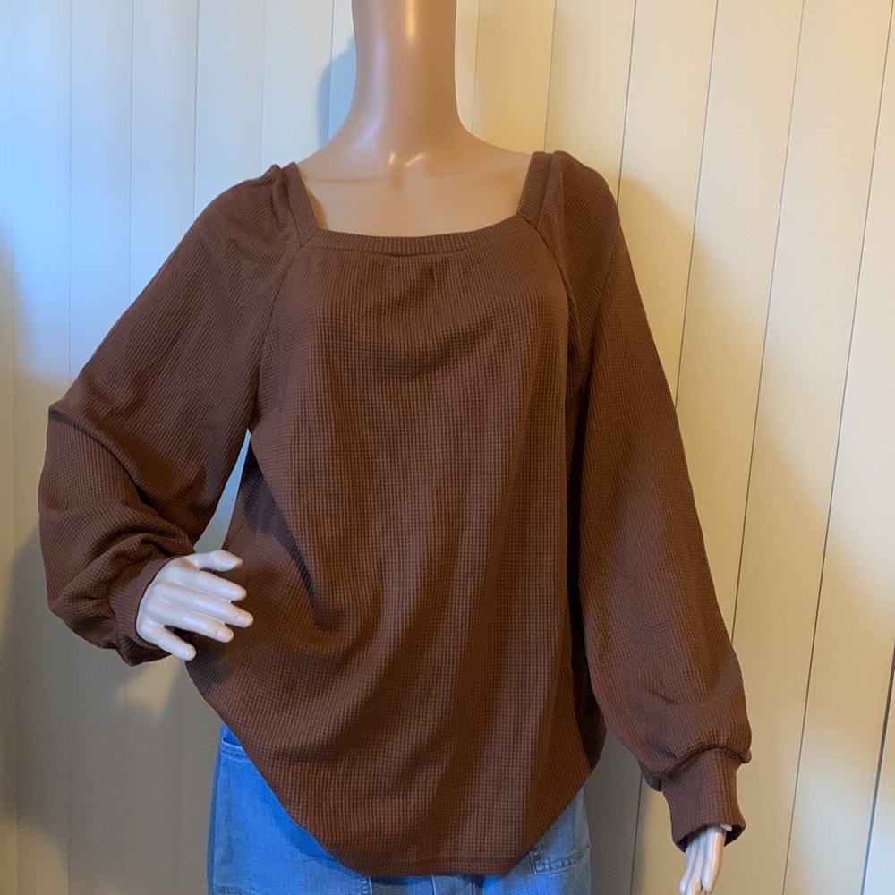 Brown Waffle Texture Casual Square Neck Pullover Top